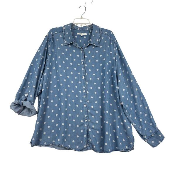 Foxcroft Shirt Blouse Sz 24W Blue Chambray Polka Dot Button Up Long Sleeve FLAW - Picture 1 of 10